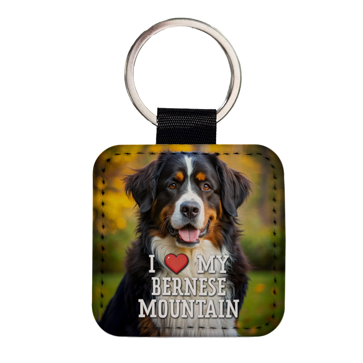 I Love My Bernese Mountain Dog Heart Square Faux Leather Keychain