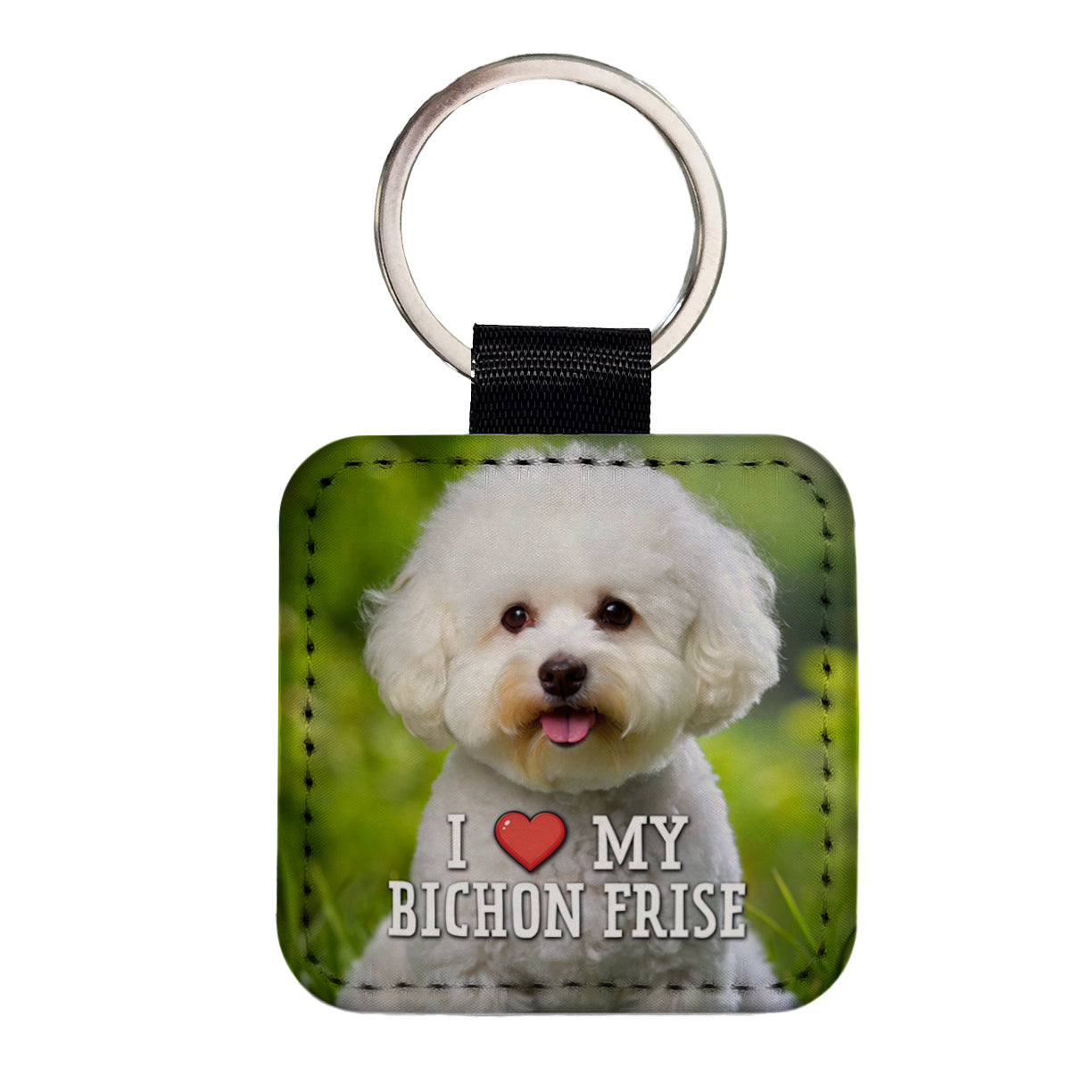 I Love My Bichon Frise Dog Heart Square Faux Leather Keychain
