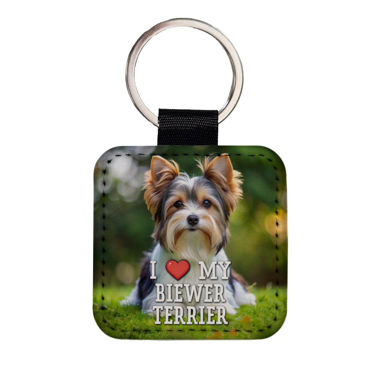 I Love My Biewer Terrier Dog Heart Square Faux Leather Keychain