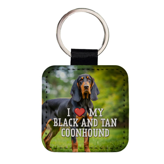 I Love My Black And Tan Coonhound Dog Heart Square Faux Leather Keychain