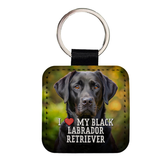 I Love My Black Labrador Retriever Dog Heart Square Faux Leather Keychain