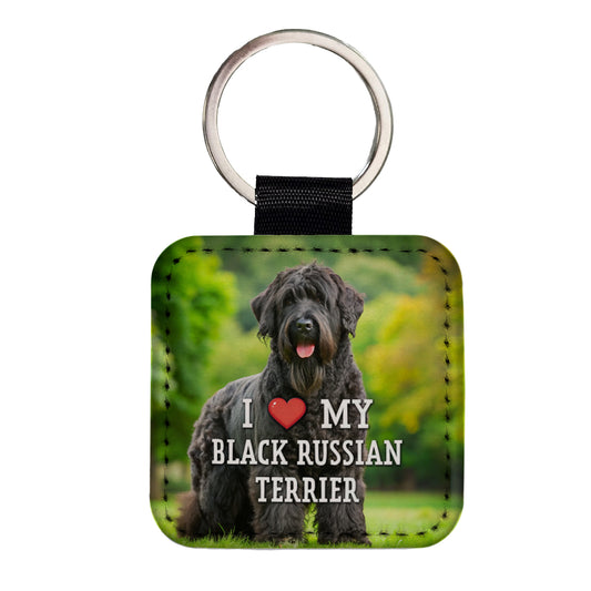I Love My Black Russian Terrier Dog Heart Square Faux Leather Keychain