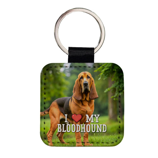 I Love My Bloodhound Dog Heart Square Faux Leather Keychain