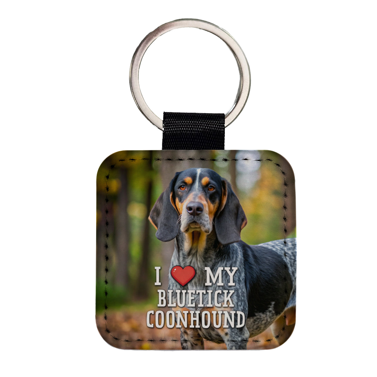 I Love My Bluetick Coonhound Dog Heart Square Faux Leather Keychain