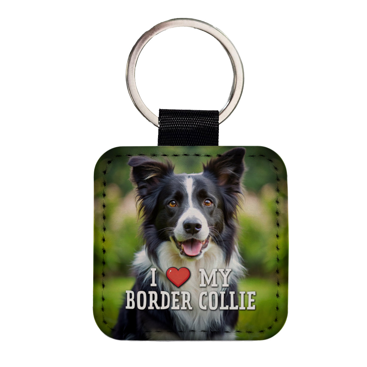 I Love My Border Collie Dog Heart Square Faux Leather Keychain