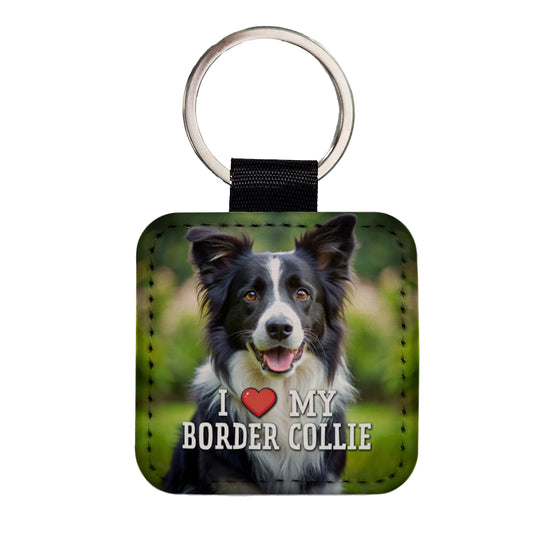 I Love My Border Collie Dog Heart Square Faux Leather Keychain