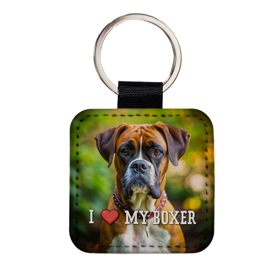 I Love My Boxer Dog Heart Square Faux Leather Keychain