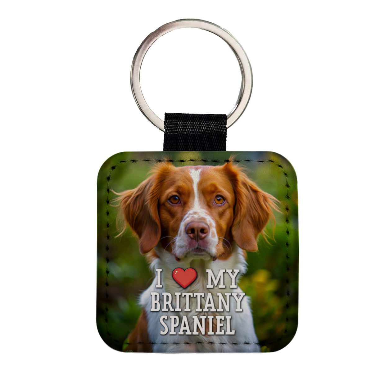 I Love My Brittany Spaniel Dog Heart Square Faux Leather Keychain
