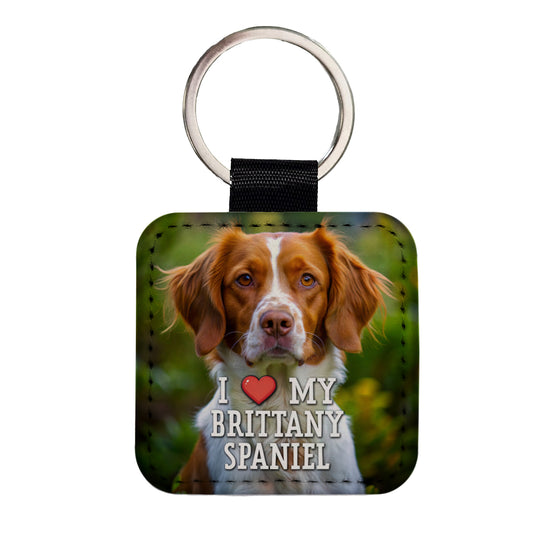 I Love My Brittany Spaniel Dog Heart Square Faux Leather Keychain