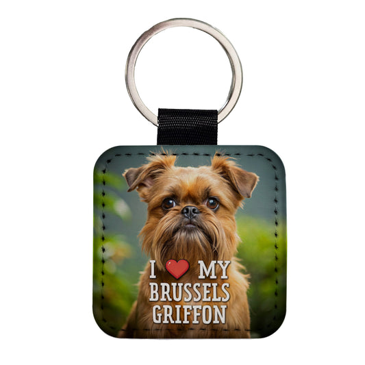 I Love My Brussels Griffon Dog Heart Square Faux Leather Keychain