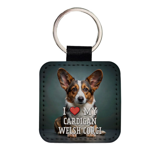 I Love My Cardigan Welsh Corgi Dog Heart Square Faux Leather Keychain