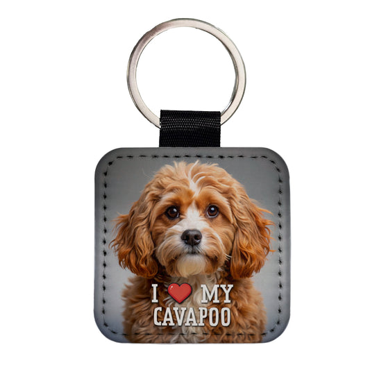 I Love My Cavapoo Dog Heart Square Faux Leather Keychain