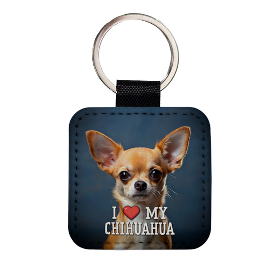 I Love My Chihuahua Dog Heart Square Faux Leather Keychain