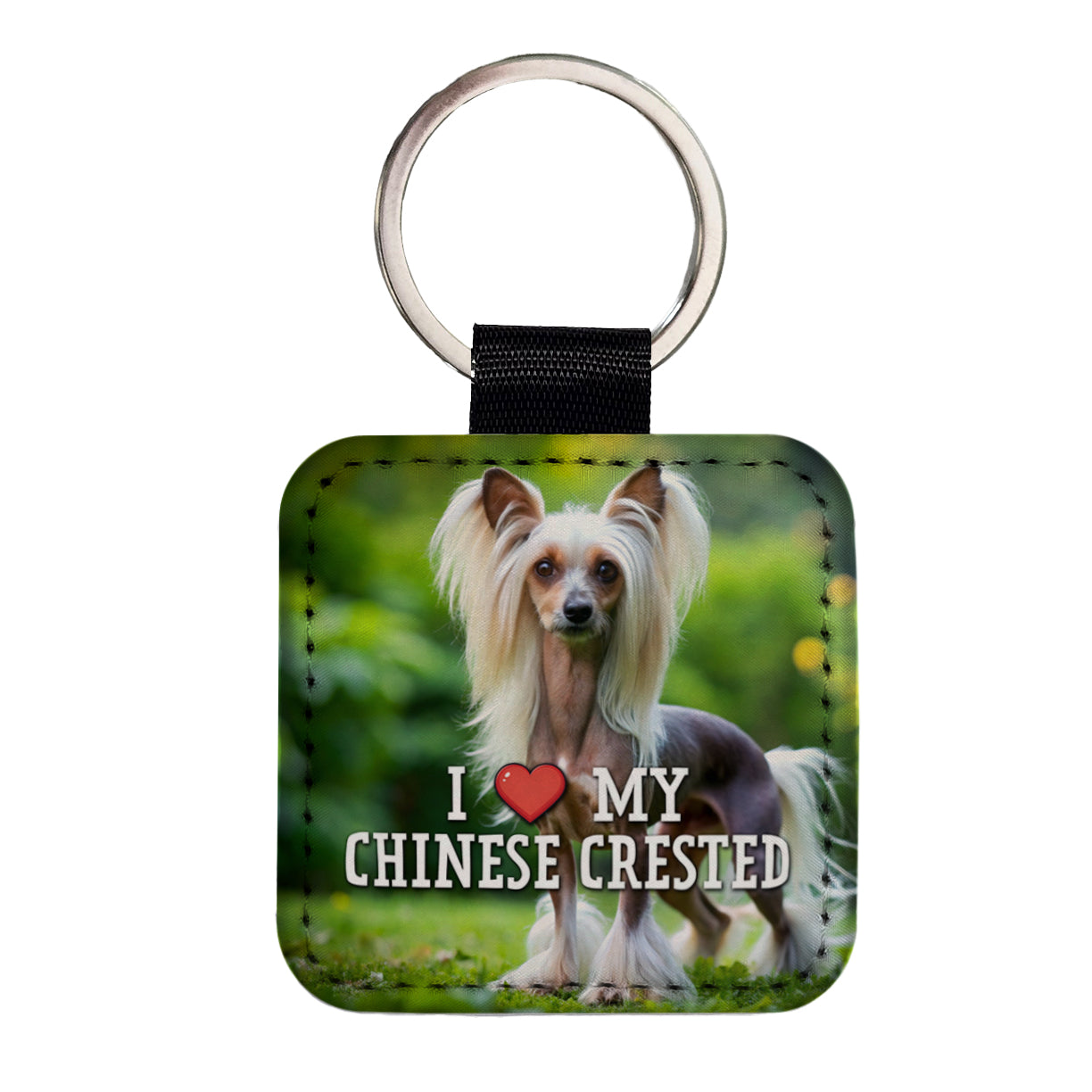 I Love My Chinese Crested Dog Heart Square Faux Leather Keychain