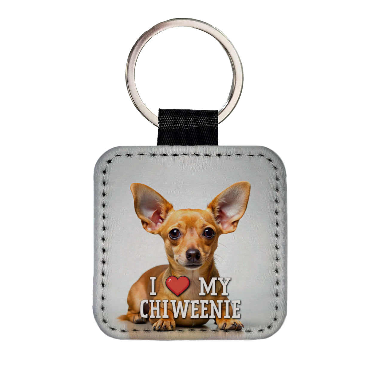 I Love My Chiweenie Dog Heart Square Faux Leather Keychain