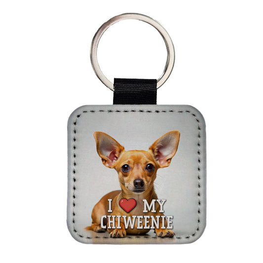 I Love My Chiweenie Dog Heart Square Faux Leather Keychain