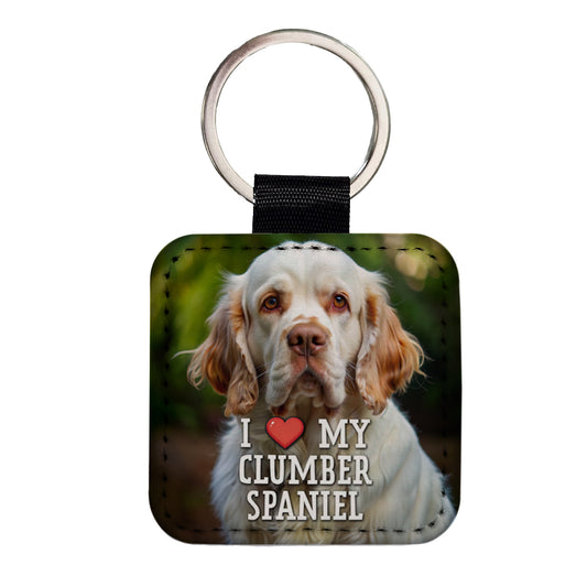 I Love My Clumber Spaniel Dog Heart Square Faux Leather Keychain