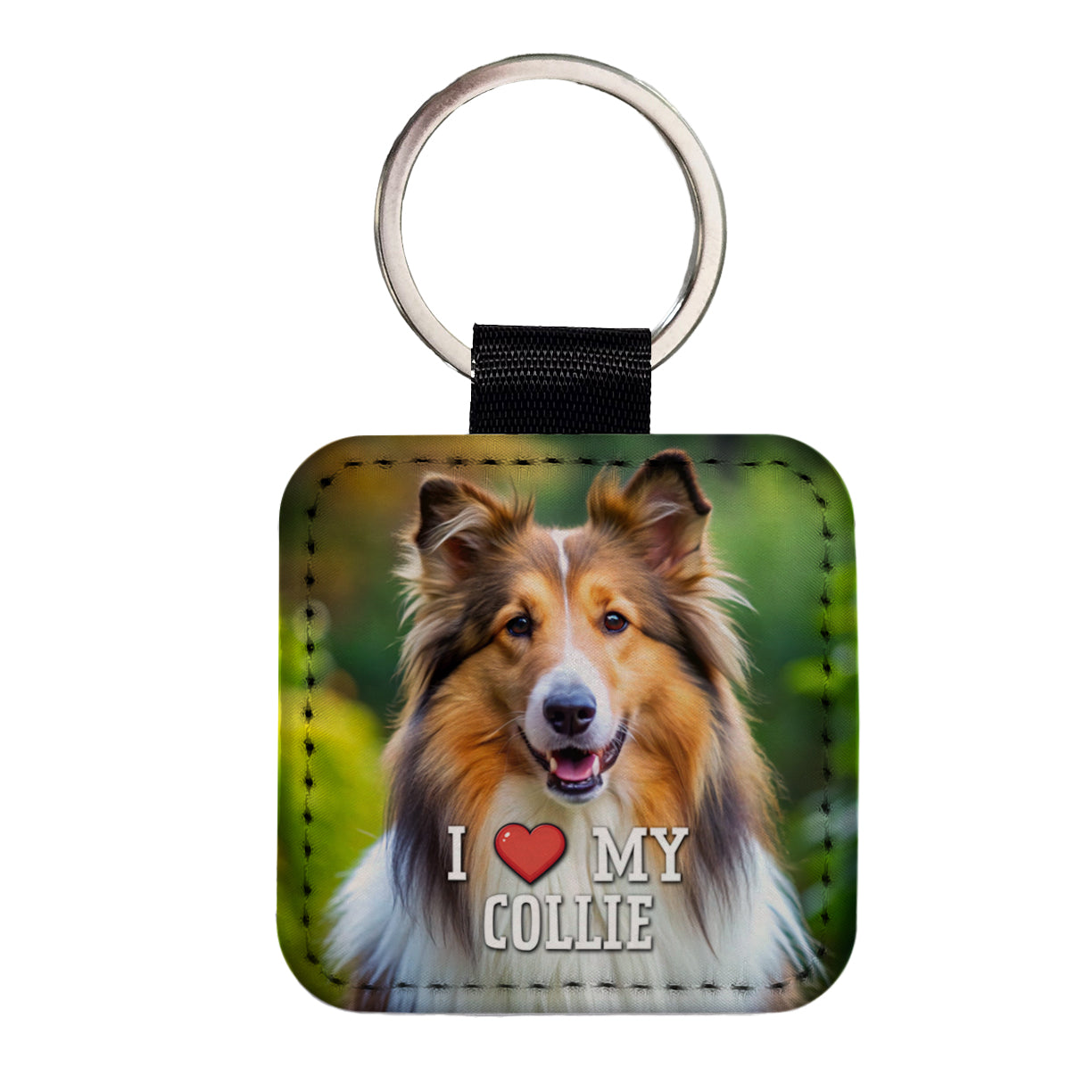 I Love My Collie Dog Heart Square Faux Leather Keychain