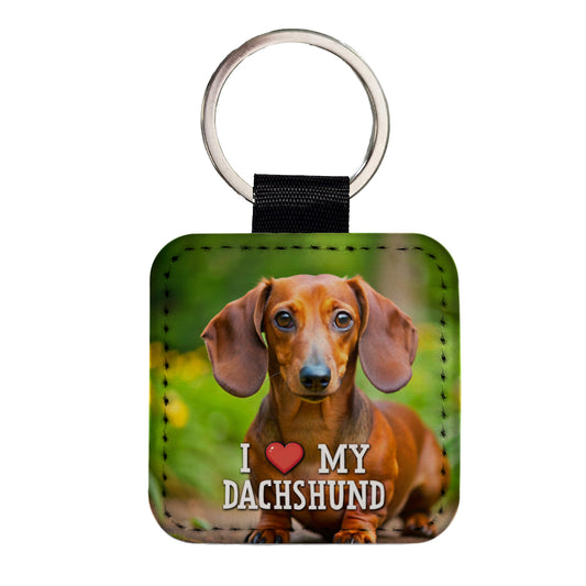I Love My Dachshund Dog Heart Square Faux Leather Keychain