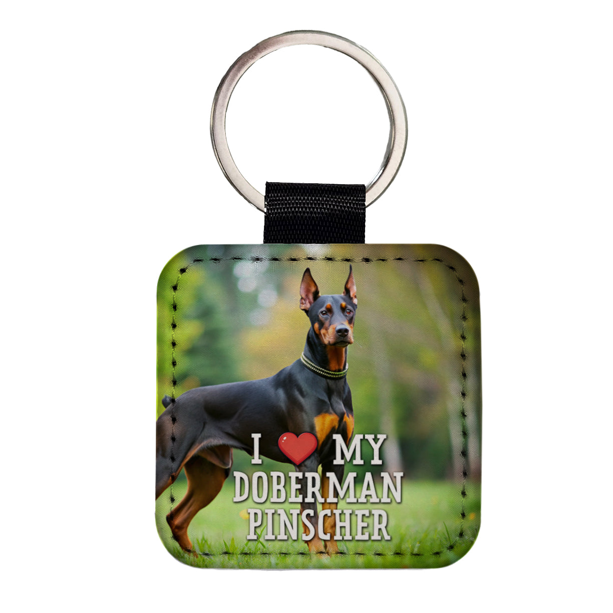 I Love My Doberman Pinscher Dog Heart Square Faux Leather Keychain