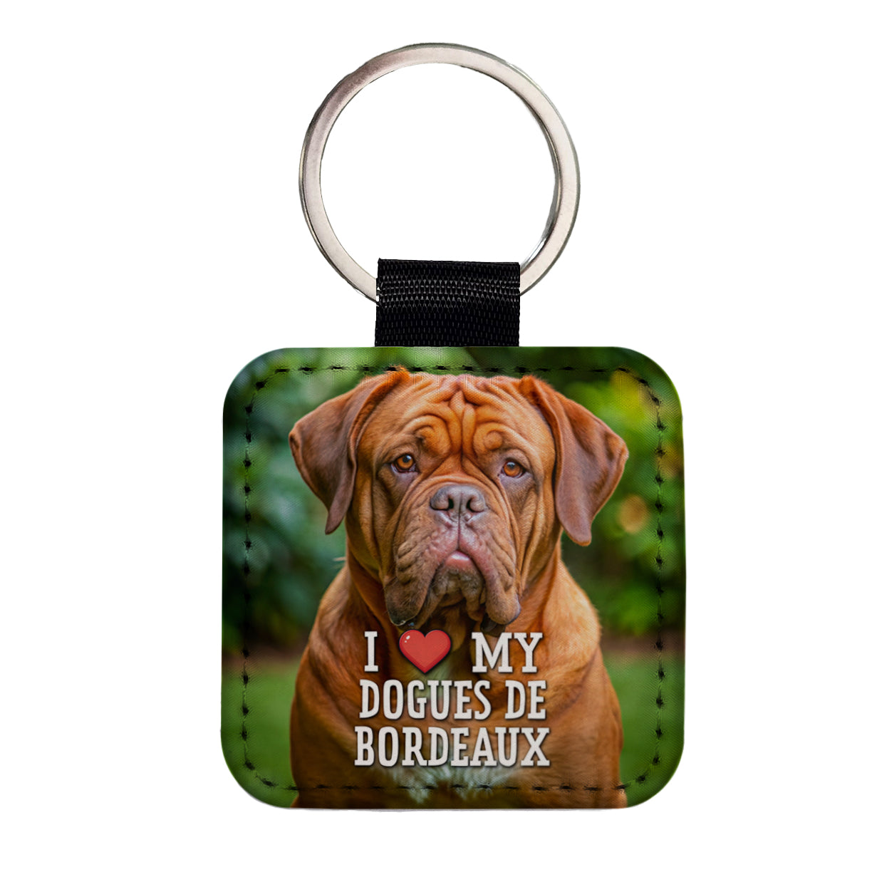 I Love My Dogues De Bordeaux Dog Heart Square Faux Leather Keychain
