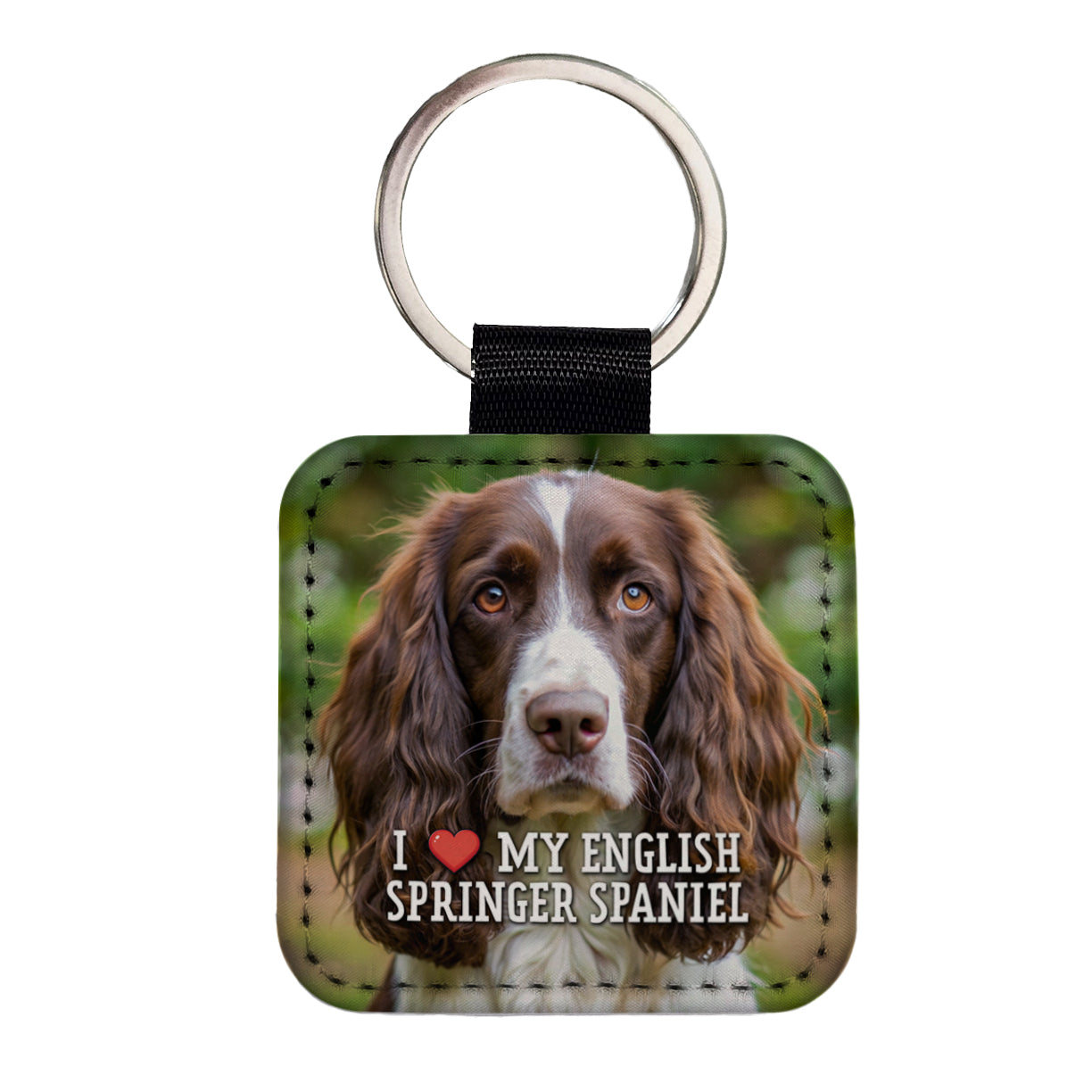 I Love My English Springer Spaniel Dog Heart Square Faux Leather Keychain