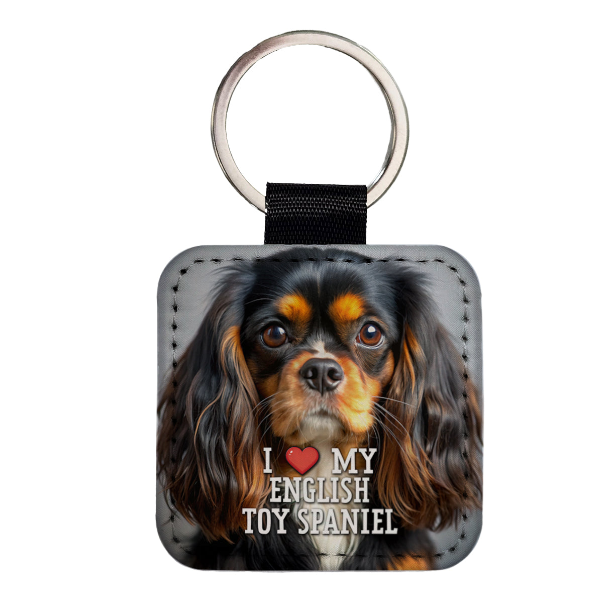 I Love My English Toy Spaniel Dog Heart Square Faux Leather Keychain