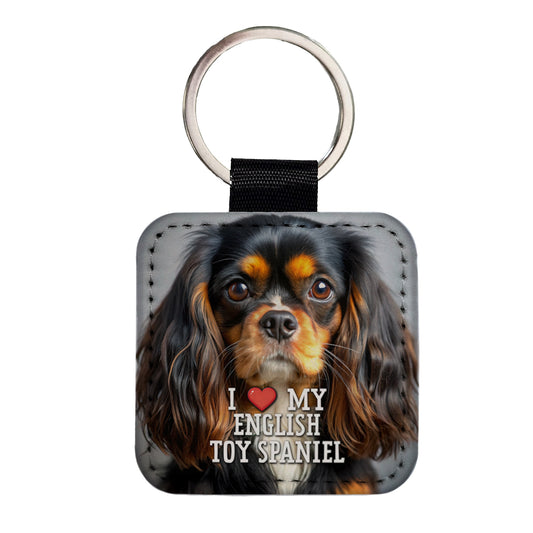 I Love My English Toy Spaniel Dog Heart Square Faux Leather Keychain