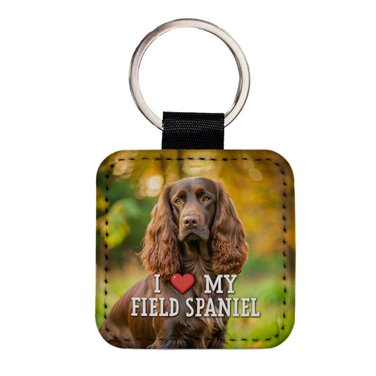 I Love My Field Spaniel Dog Heart Square Faux Leather Keychain