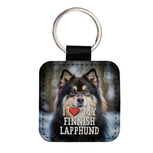 I Love My Finnish Lapphund Dog Heart Square Faux Leather Keychain
