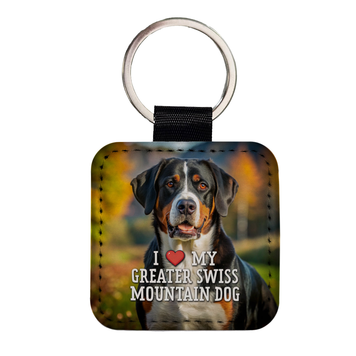 I Love My Greater Swiss Mountain Dog Heart Square Faux Leather Keychain