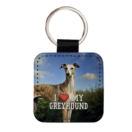 I Love My Greyhound Dog Heart Square Faux Leather Keychain