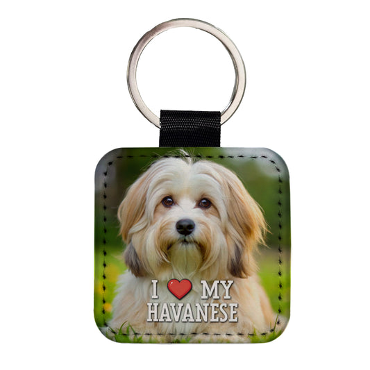 I Love My Havanese Dog Heart Square Faux Leather Keychain
