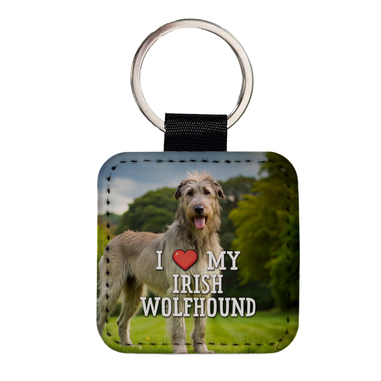 I Love My Irish Wolfhound Dog Heart Square Faux Leather Keychain