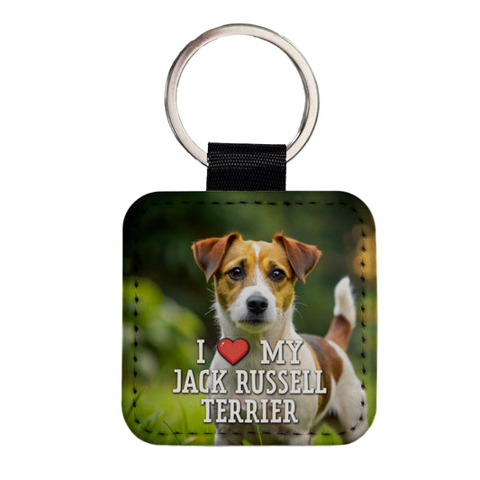 I Love My Jack Russell Terrier Dog Heart Square Faux Leather Keychain