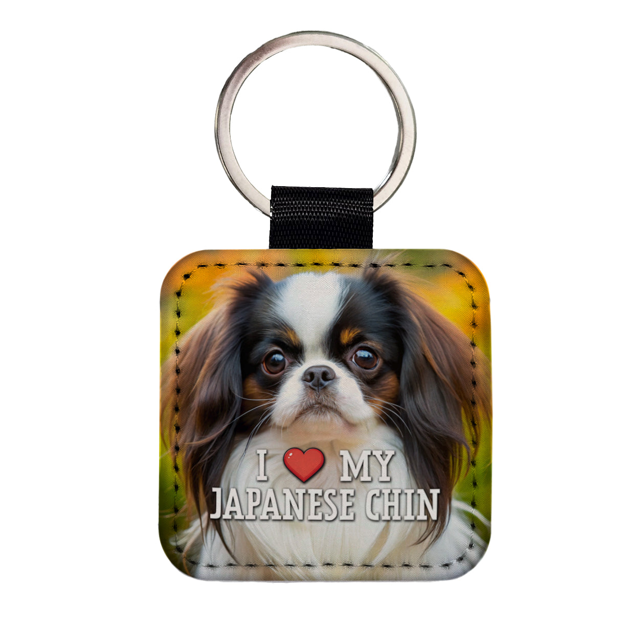 I Love My Japanese Chin Dog Heart Square Faux Leather Keychain
