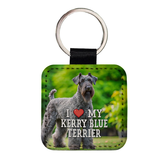 I Love My Kerry Blue Terrier Dog Heart Square Faux Leather Keychain