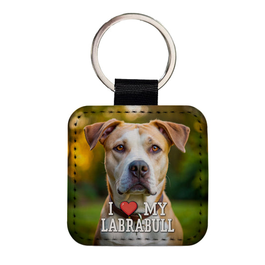 I Love My Labrabull Dog Heart Square Faux Leather Keychain