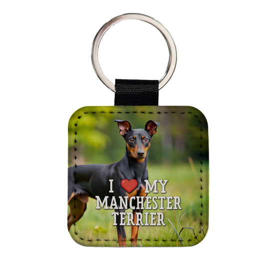 I Love My Manchester Terrier Dog Heart Square Faux Leather Keychain