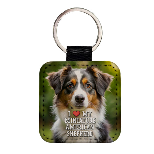 I Love My Miniature American Shepherd Dog Heart Square Faux Leather Keychain