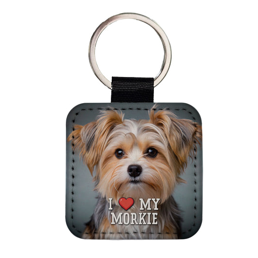I Love My Morkie Dog Heart Square Faux Leather Keychain