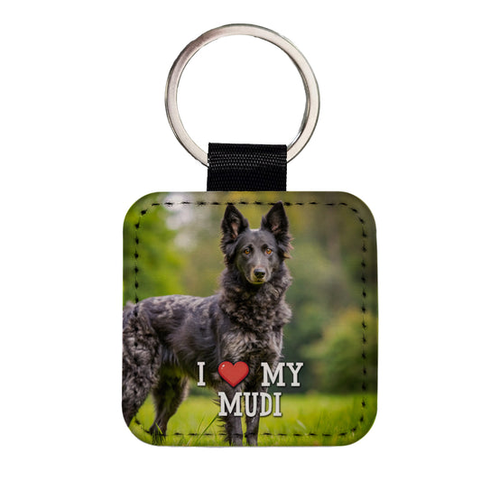 I Love My Mudi Dog Heart Square Faux Leather Keychain