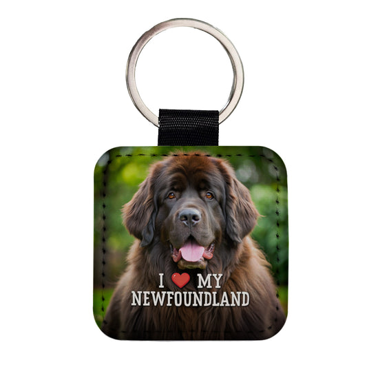I Love My Newfoundland Dog Heart Square Faux Leather Keychain