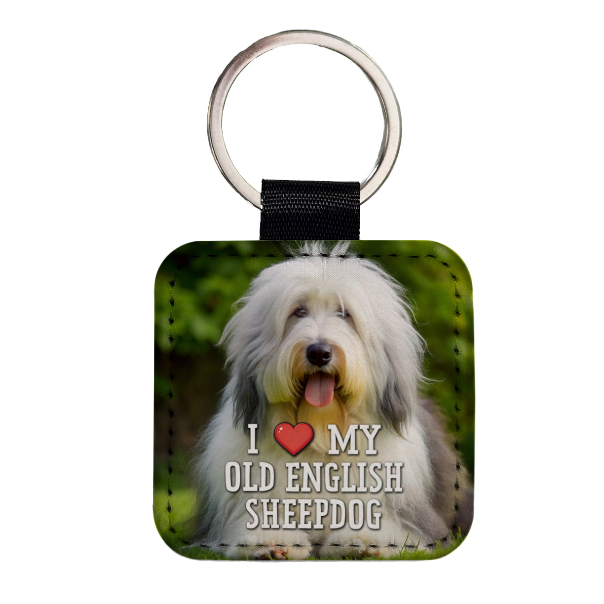 I Love My Old English Sheepdog Dog Heart Square Faux Leather Keychain