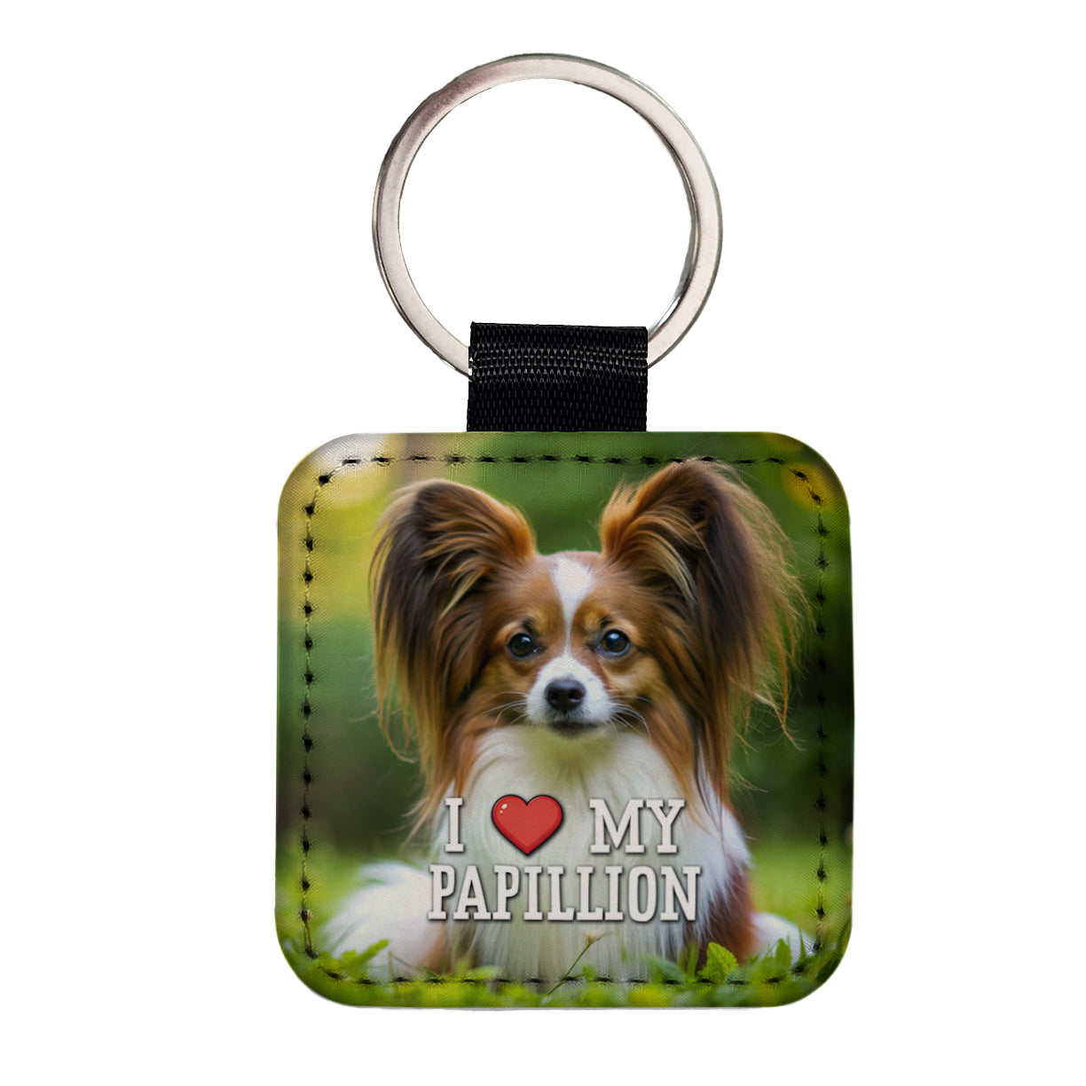 I Love My Papillion Dog Heart Square Faux Leather Keychain