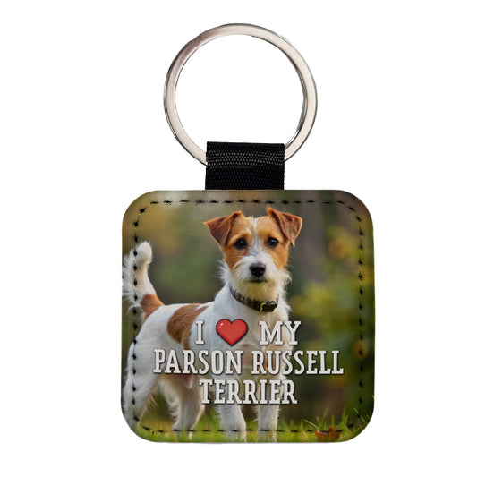 I Love My Parson Russell Terrier Dog Heart Square Faux Leather Keychain