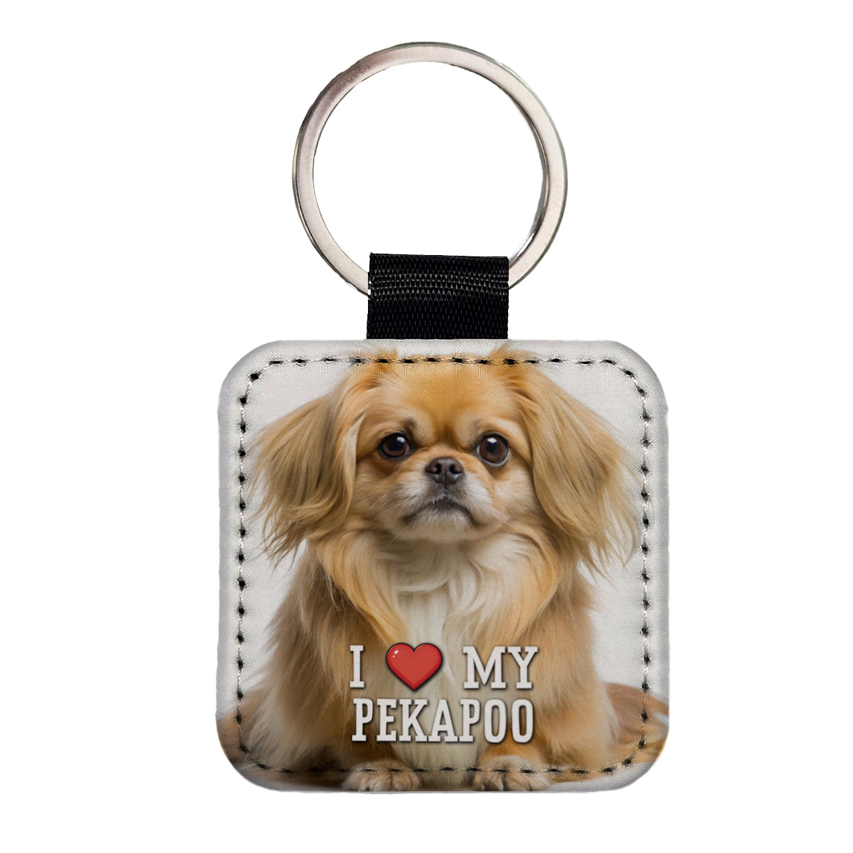 I Love My Pekapoo Dog Heart Square Faux Leather Keychain