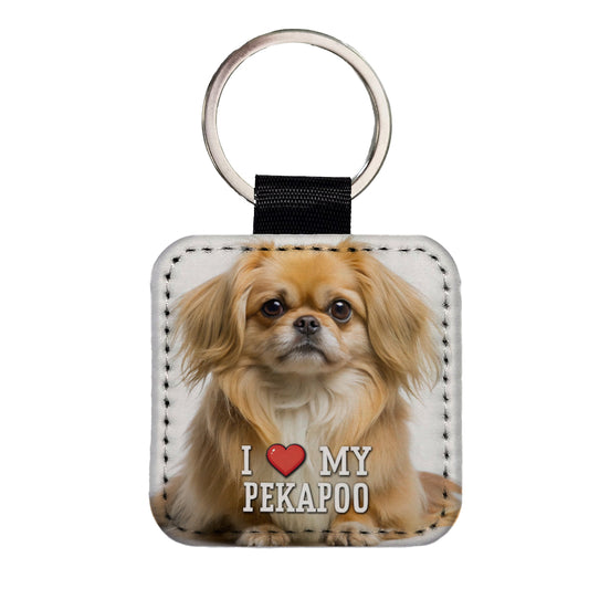 I Love My Pekapoo Dog Heart Square Faux Leather Keychain