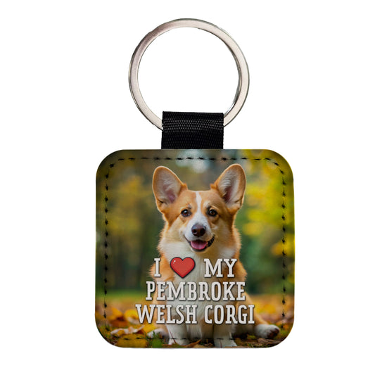 I Love My Pembroke Welsh Corgi Dog Heart Square Faux Leather Keychain