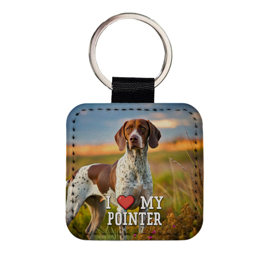 I Love My Pointer Dog Heart Square Faux Leather Keychain